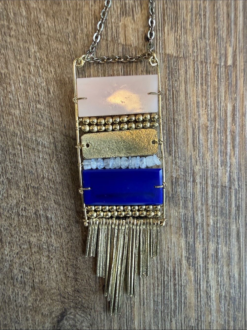 Noonday Collection Gold Fringe Peach and Navy Gemstone Pendant Necklace - Picture 7 of 7